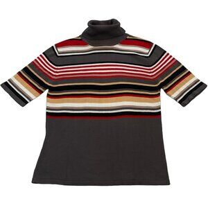 Short Sleeve Stripe, Colorblock, Turtleneck Sweater, Gray, Tan, Red, Preppy, M